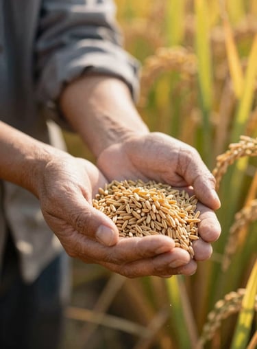 A close-up of a farmer's hands holding a handful of harvested rice grains in a sunlit field, emphasizing the human connection and authenticity.