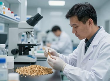 Quality control process: a professional in a white coat inspecting grain samples in a clean, high-tech laboratory setting.