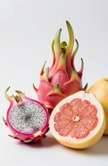 A collection of exotic dragon fruit and pomelo, sliced open to show freshness, presented with professional studio lighting and clean lines.
