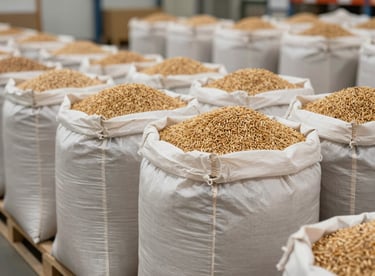 Neatly stacked sacks of premium grain inside a sanitized, organized warehouse, representing large-scale supply capabilities.