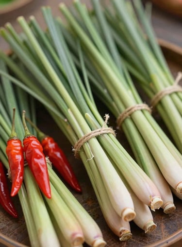 Bundles of fresh Thai bird's eye chilies and lemongrass, tied with natural fiber, emphasizing the agricultural heritage and spice of Thailand.