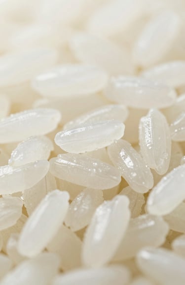 Macro shot of premium long-grain Thai Jasmine rice, showcasing its pearly white texture and quality, soft lighting with #F5F6F3 highlights.