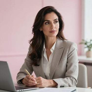 A sophisticated Iberoamerican woman in her 30s sitting in a bright, modern office with soft pink walls. She looks serene and confident, holding a gold pen. High-end lifestyle photography.