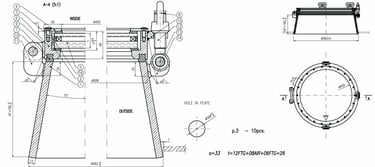 Technische tekening met afmetingen van de 450mm staal/messing patrijspoort