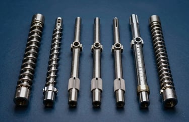 Symmetrical layout of professional pipe cleaning tools, including spirals and nozzles, on a dark blue background, professional photography.