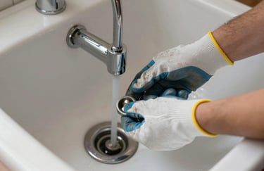 Focus on gloved hands of a professional plumber working on a clean sink drain, reliable and careful service atmosphere, Central European home.