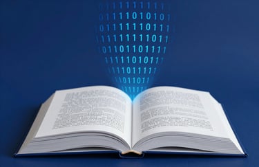 A symbolic image of an open book with digital binary code flowing from its pages. Modern and expert. Colors: #1A3E6F, #F8F8F8.