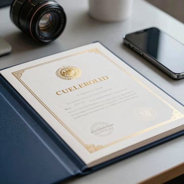 A close-up of a professional certificate folder with elegant gold embossing, lying on a high-end office desk next to a modern smartphone. Lighting is bright and crisp, highlighting the professional textures of the paper and desk. Deep navy blue elements in the frame.