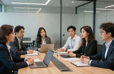 A collaborative team meeting in a modern conference room with glass walls, focused professionals discussing strategy, Global / English-speaking audience.