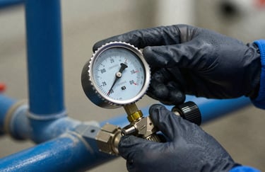 Close-up of a certified technician's hands in dark navy gloves holding a professional pressure gauge on a steel blue pipe.