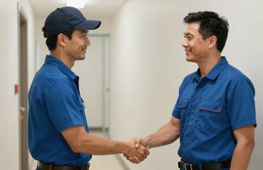 A satisfied customer shaking hands with a professional HVAC installer in an off-white hallway, conveying trust.