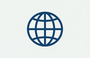 A minimalist, professional icon of a stylized globe with geometric connections, rendered in #3A6B8F against a light #F1F4F9 background.