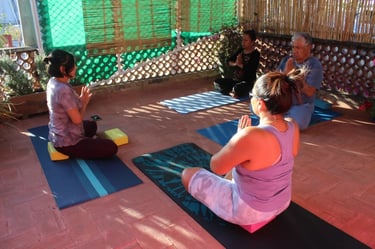 Un grupo de personas mixto en una práctica de yoga en Ajna Oaxaca