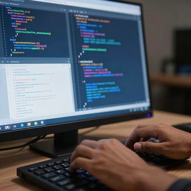 Close-up of a developer's hands typing on a high-tech keyboard in a sleek Indian studio. The screen reflects vibrant white and deep blue coding interfaces, signifying modern web development.