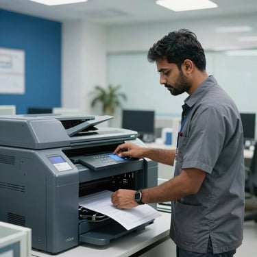 A professional South Asian technician in a slate grey uniform servicing a large industrial printer in a bright, modern Indian office environment. Deep blue accents are visible in the decor.
