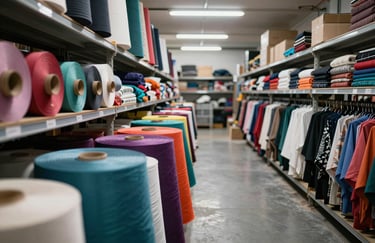 A well-organized wholesale clothing warehouse in South Asia, showing vibrant fabric rolls and modern garment displays in a professional, efficient setting.