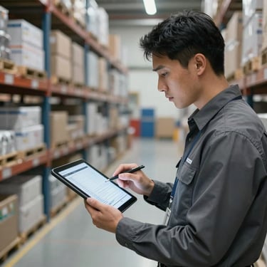 Photography of an inventory control manager reviewing digital manifests on a tablet in a clean, industrial storage facility with charcoal grey accents.