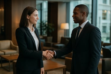 A candid medium shot of two professionals in corporate attire engaging in a handshake in a well-lit, high-end business lounge. Global / Corporate.