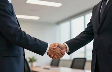 A warm, candid photo of two professionals shaking hands in a bright South American / Brazilian corporate environment, emphasizing trust and agreement.