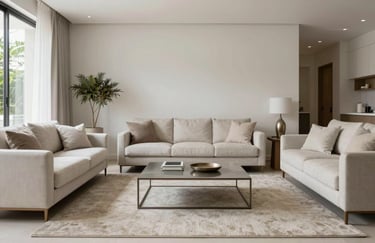 A bright and airy photo of a contemporary living room in a South American / Brazilian home, featuring minimalist furniture and neutral silver and soft off-white tones.