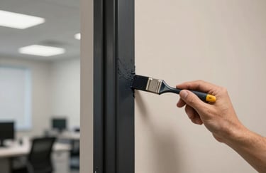 A close-up photograph of a painter expertly applying a dark black accent paint to a door frame against a beige wall in a modern US office. The focus is on the steady hand and the sharp edge of the paint line.