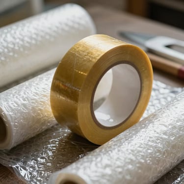 Close-up photography of professional packing materials including gold-colored tape and bubble wrap, used for delicate items in South Asian households.