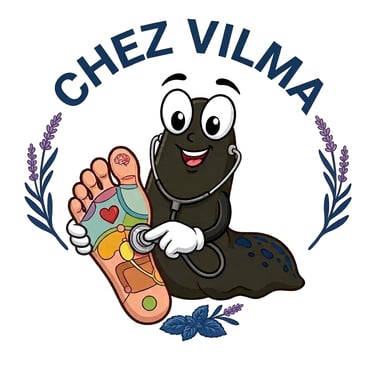 Chez Vilma logo featuring a cartoon slug using a stethoscope on a reflexology foot map.
