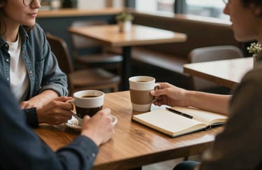A mentorship meeting in a comfortable North American / US cafe, showing hands across a table holding coffee cups and a notebook, suggesting professional guidance.