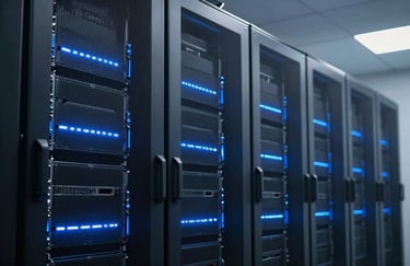 A sleek, high-tech server room with soft Sky Blue led lights, representing the efficient and modern infrastructure of a tech business in a South Asian / Indian hub.
