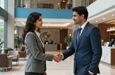 Two professionals in business attire engaging in a firm handshake in a luxurious, modern lobby with South Asian decor elements and slate blue accents.