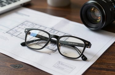 A close-up photograph of a professional architectural blueprint and a pair of designer eyeglasses on a dark wooden desk in a South Asian corporate setting.