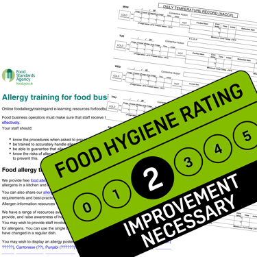 Food hygiene rating sticker showing a 2 rating for improvement necessary with food safety documents.