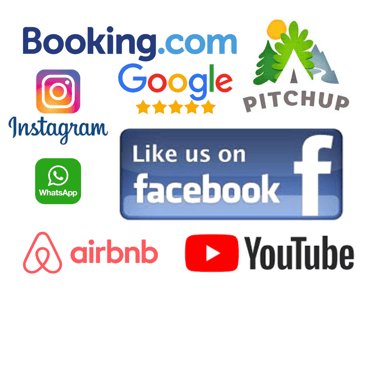 Logos for travel and social media sites including Booking.com, Airbnb, Google, Facebook, and Instagram.
