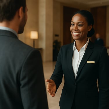 A hospitality worker greeting a guest with a warm, professional smile in a clean, high-end lobby, North American / International.