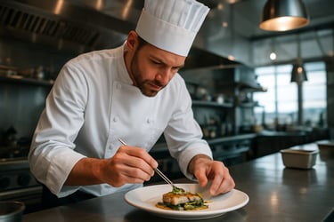 A skilled chef in a bright, modern restaurant kitchen preparing a plate with precision and efficiency, North American / International.