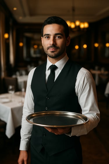 A professional server confidently presenting a tray in a sophisticated dining environment, North American / International.