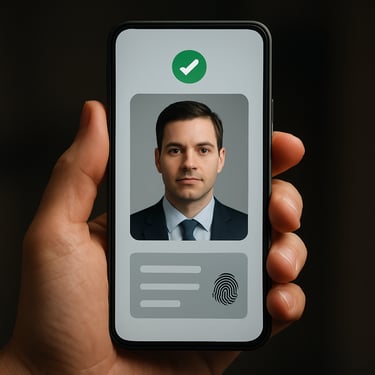 Close-up of a hand holding a smartphone displaying a secure, verified professional digital identity card.