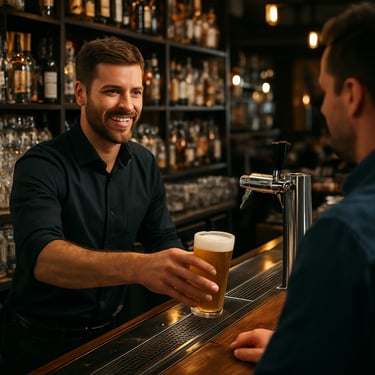 A high-energy, clean professional bar environment with a bartender serving a customer efficiently, North American / International.