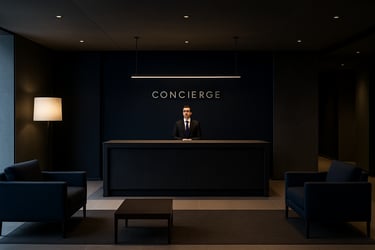 A professional hotel manager in a sharp slate gray suit checking a digital tablet, North American / International luxury setting.