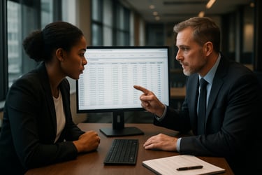 A modern office setting where two hospitality executives are reviewing verified payroll data on a screen.