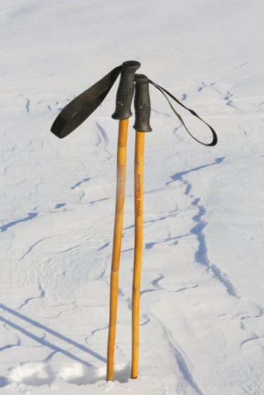 Bâtons de ski en bambou enfoncés dans la poudreuse