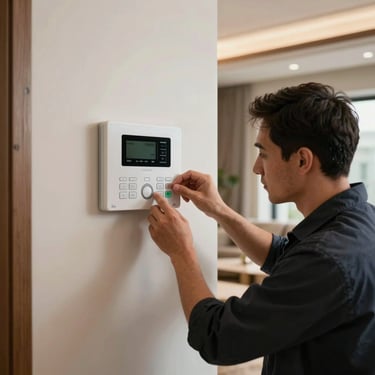 A professional technician carefully adjusting the settings on a Mitsubishi Electric wall-mounted climate control unit in a luxury lounge, Southern European interior.