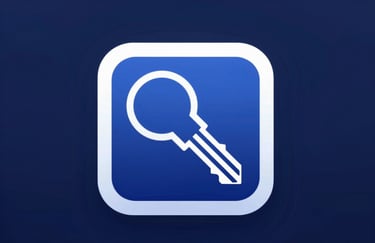 A close-up of a digital security key icon in a sleek, minimalist tech style. Colors: #0F1C2E and #2C528B.