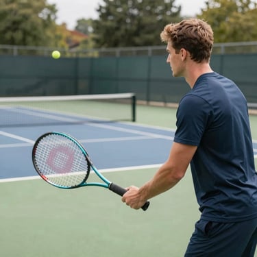Man serving a tennis ball on a court.