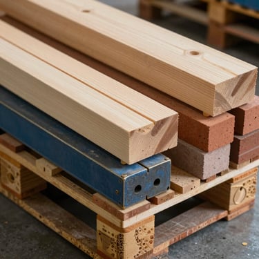 Close-up of high-quality construction materials like wood beams and bricks on a pallet in a Central European / Slovak warehouse, steel blue and gold accents.