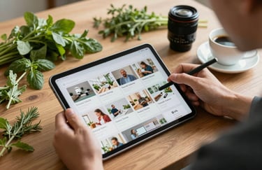 A hands-on shot of a content creator using a tablet to plan a social media feed, surrounded by fresh herbs and a cup of coffee on a wooden table.