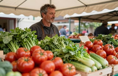 A close-up shot of a local farmer's market stall in a European village, featuring baskets of fresh red tomatoes and vibrant greens under a canvas awning.