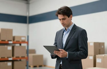 A logistics manager in professional attire using a digital tablet inside a clean, modern European / Spanish warehouse with white walls and dark slate blue accents.