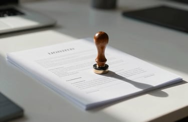 Close-up of a professional legal document with an official stamp, resting on a white desk in a bright European / Spanish office. Soft medium light grey shadows.
