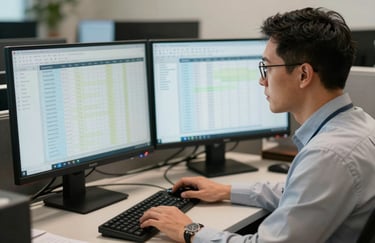 A professional specialist in a North American / US office environment, looking at a dual-monitor setup showing logistics and registration data with a focused, reliable expression.